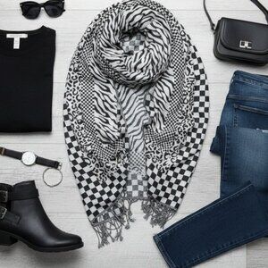 Black & White Multi-Pattern Wrap Scarf - Zebra, Leopard, & Checkerboard